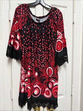 White Mark Black and Red Patterned Boho Dress